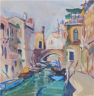 A vibrant impressionist painting of a canal scene with colorful buildings, boats, and a bridge.