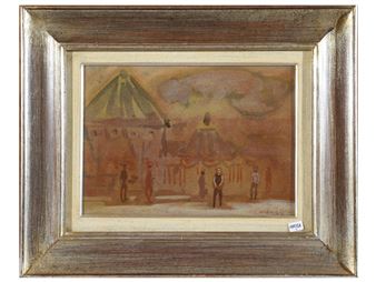 A framed watercolor painting of a circus scene with a tent and figures against a warm, cloudy sky.