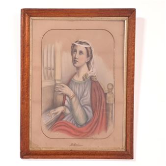 A framed watercolor portrait of a seated figure in historical dress holding a book.
