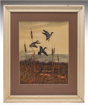 "A framed painting of three ducks in flight over a marshy landscape at dusk."
