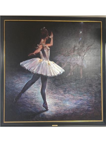 A framed painting of a ballerina in a white tutu dancing on a spotlighted stage.
