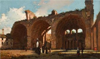 A historical painting of ancient stone ruins with people gathered in the foreground under a bright sky.