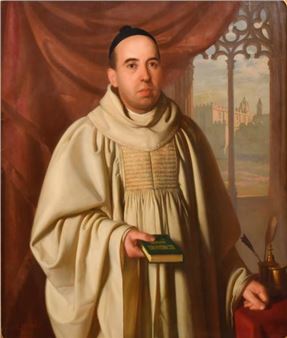 A formal portrait of a figure in religious robes holding a book, set against a backdrop of draped curtains and an architectural view.