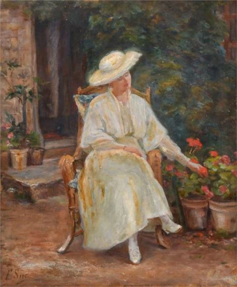 Woman sitting in the garden - French School, 20th Century