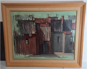 A framed abstract painting of a street scene with textured buildings in earthy tones.