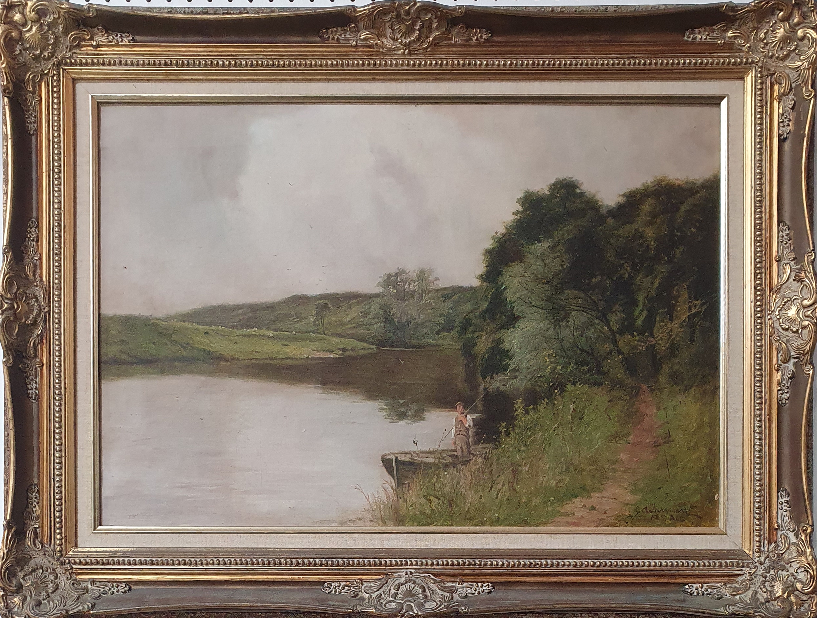 A serene landscape painting of a figure fishing by a calm riverbank under an overcast sky.