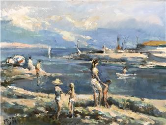 A beach scene with figures near the water under a cloudy sky.