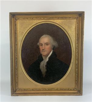 A classical portrait of a man in an 18th-century style, framed in ornate gold.