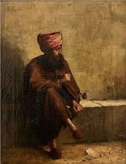 A solitary figure in a turban sits contemplatively against a textured wall, rendered in earthy tones.