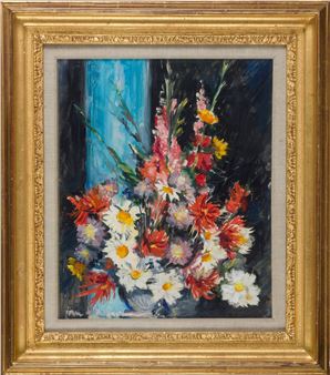 A vibrant floral still life in a gold frame, featuring a colorful bouquet of flowers against a dark background.