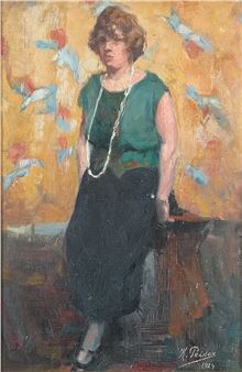 A portrait of a woman in a green top and dark skirt against an abstract, colorful background.