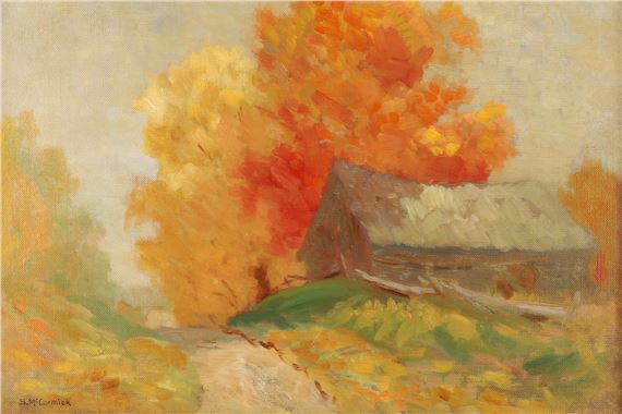 A rustic wooden cabin nestled among vibrant autumn foliage under a soft, hazy sky.