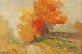 A rustic wooden cabin nestled among vibrant autumn foliage under a soft, hazy sky.