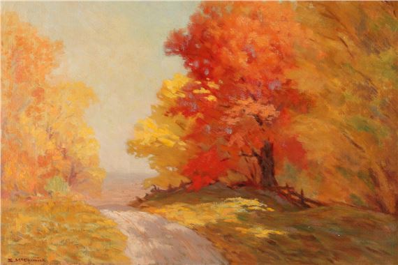 A vibrant autumn landscape featuring a winding path through trees ablaze with red and yellow foliage.