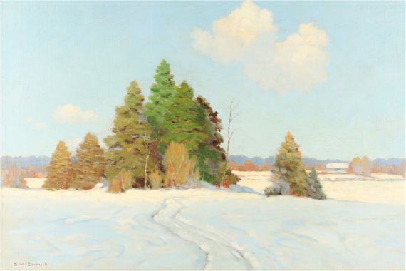 A serene winter landscape featuring a snow-covered field with a cluster of evergreen trees under a pale blue sky.