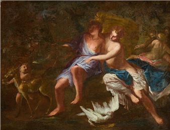 A classical painting depicting a mythological scene with two figures in a forest setting.