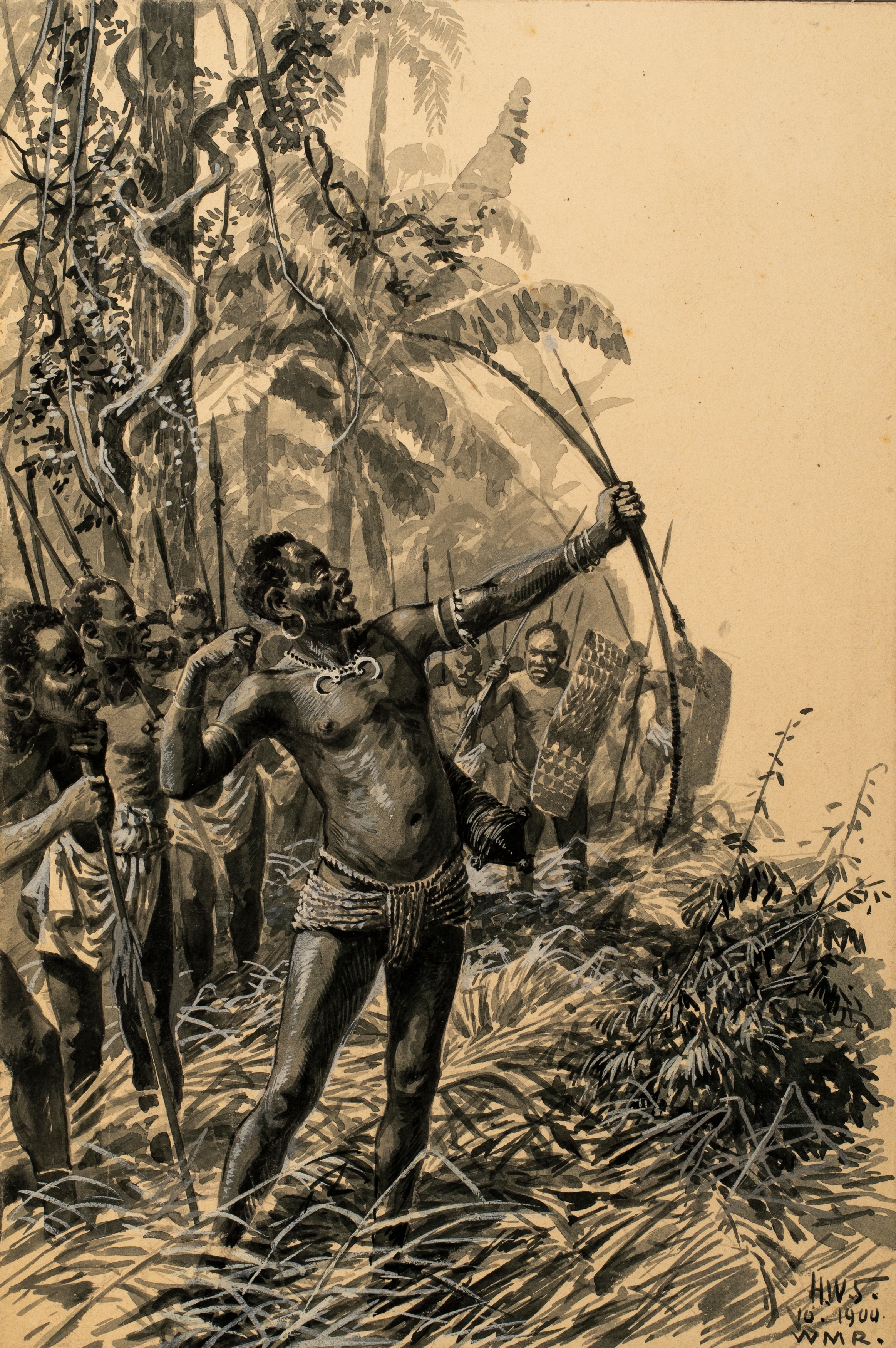 A dramatic ink illustration of a muscular figure drawing a bow in a dense jungle setting.