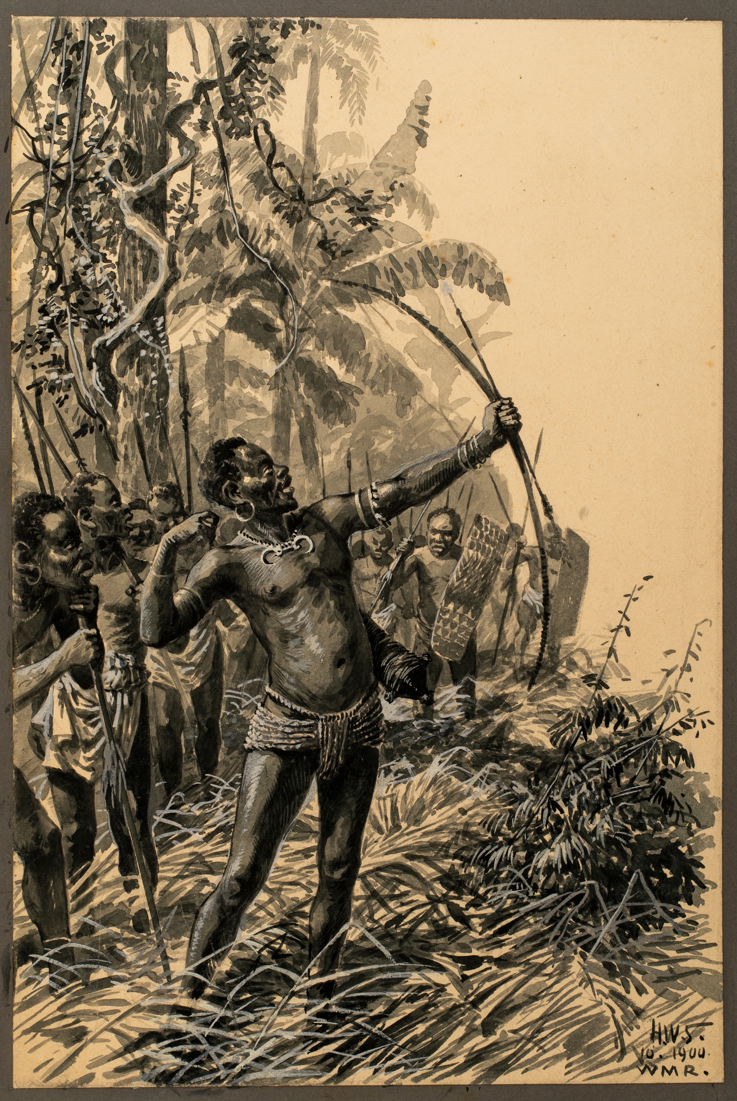 A dramatic ink illustration of a muscular figure drawing a bow in a dense jungle setting.