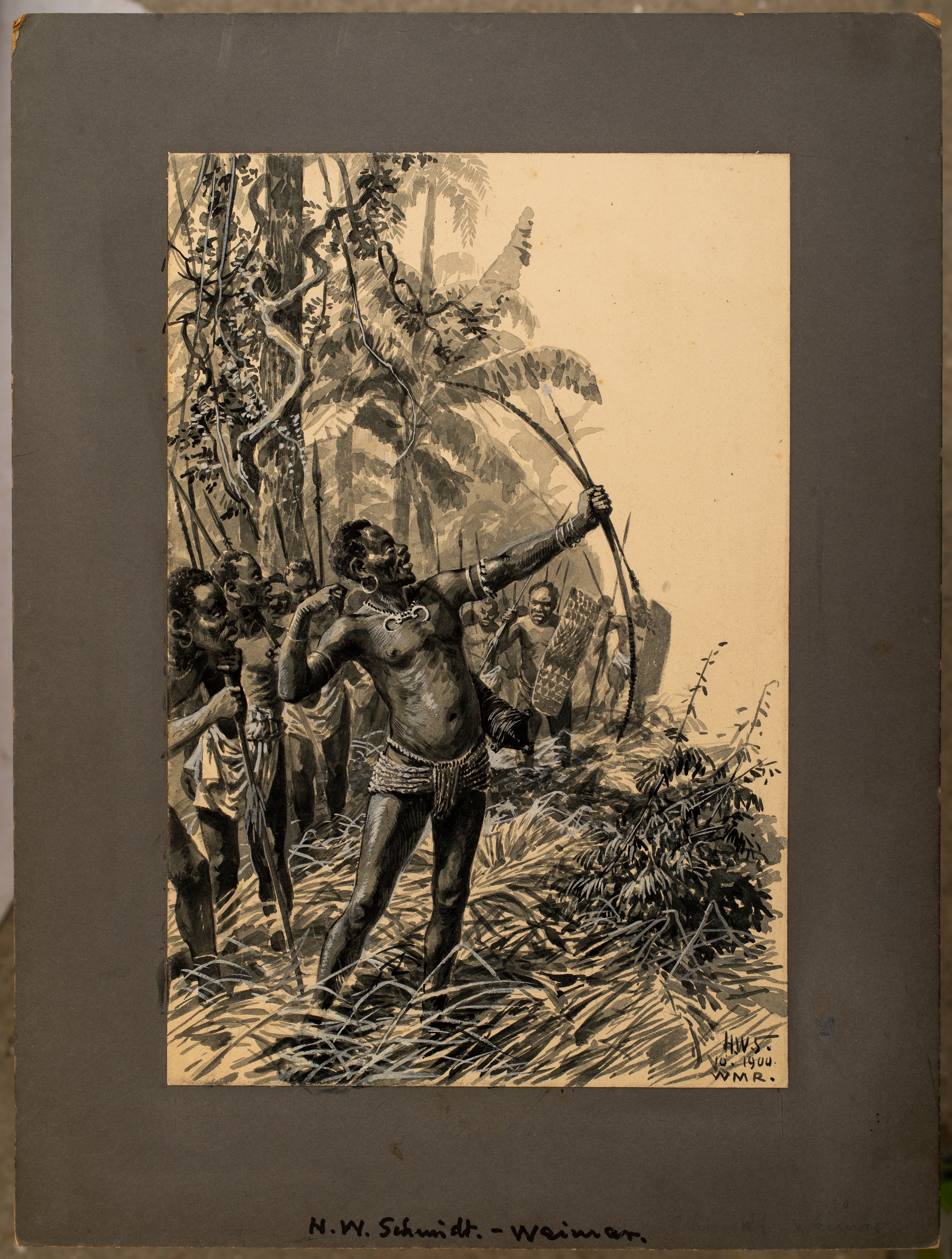 A dramatic ink illustration of a muscular figure drawing a bow in a dense jungle setting.