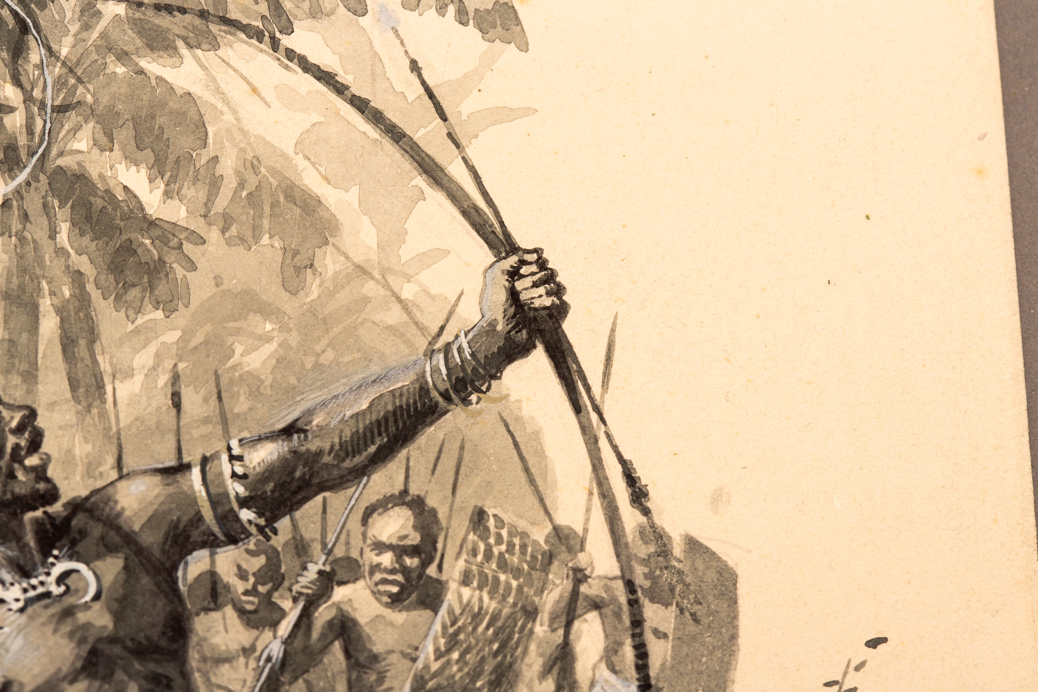 A dramatic ink illustration of a muscular figure drawing a bow in a dense jungle setting.