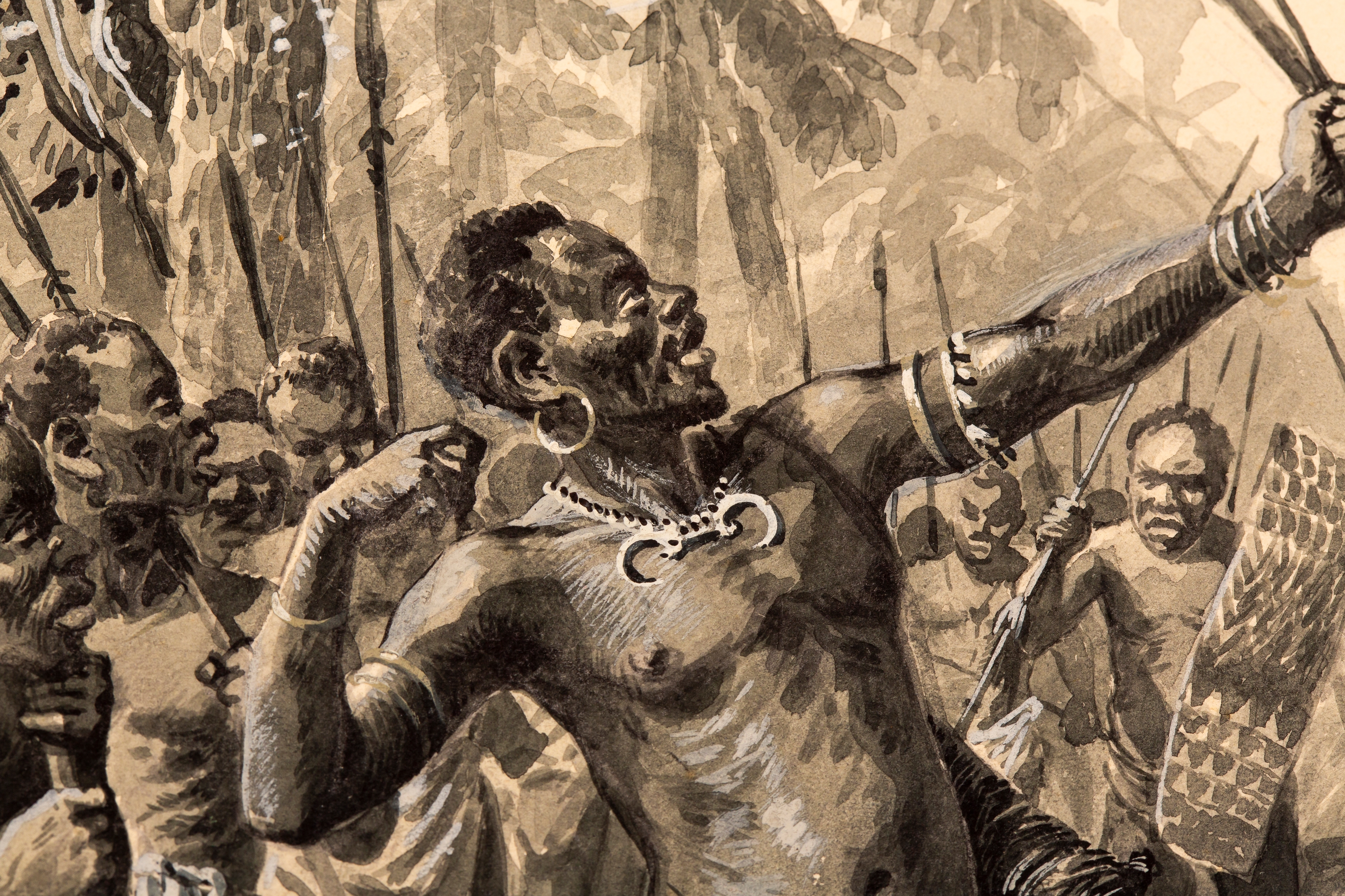 A dramatic ink illustration of a muscular figure drawing a bow in a dense jungle setting.
