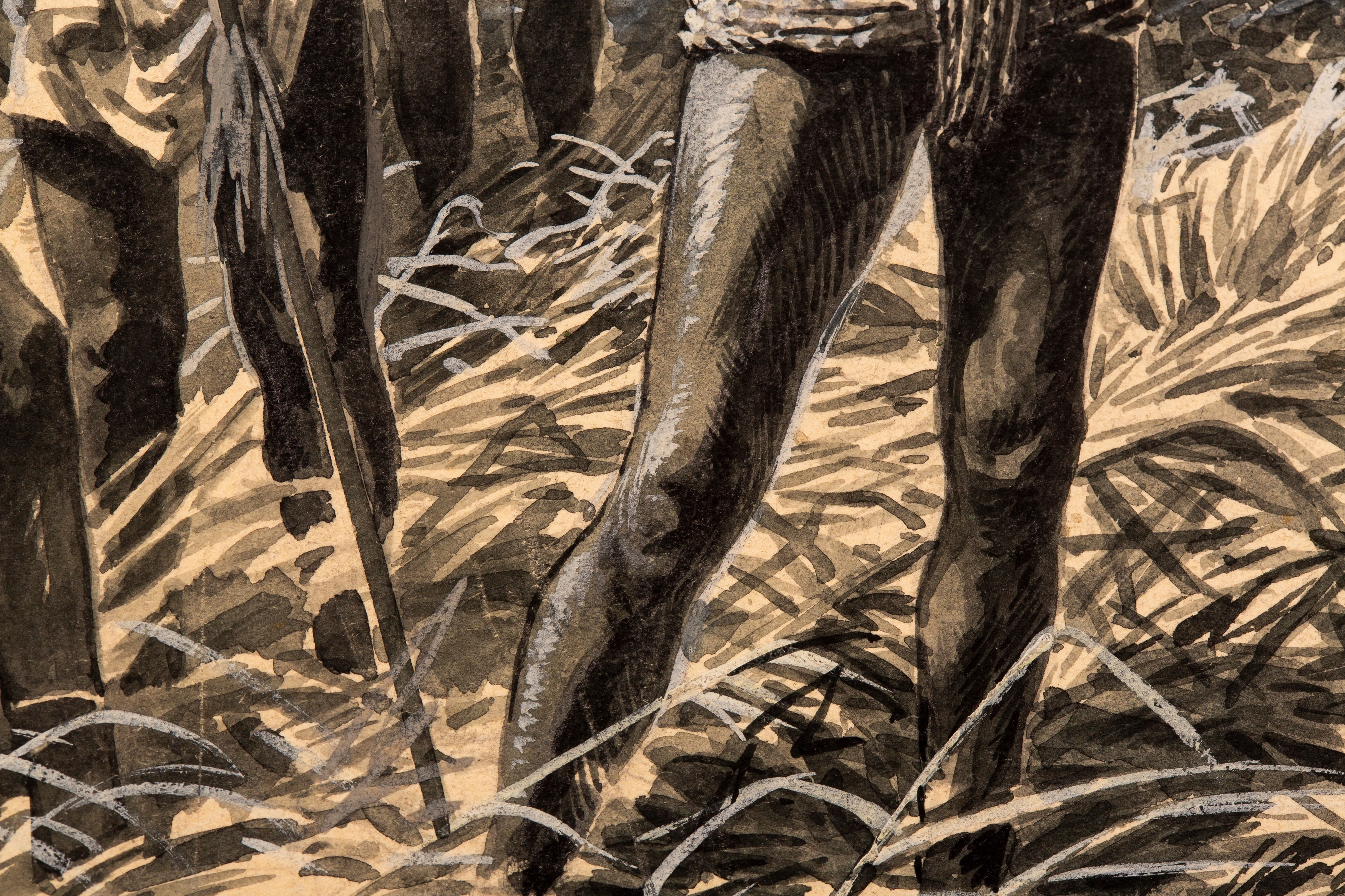 A dramatic ink illustration of a muscular figure drawing a bow in a dense jungle setting.