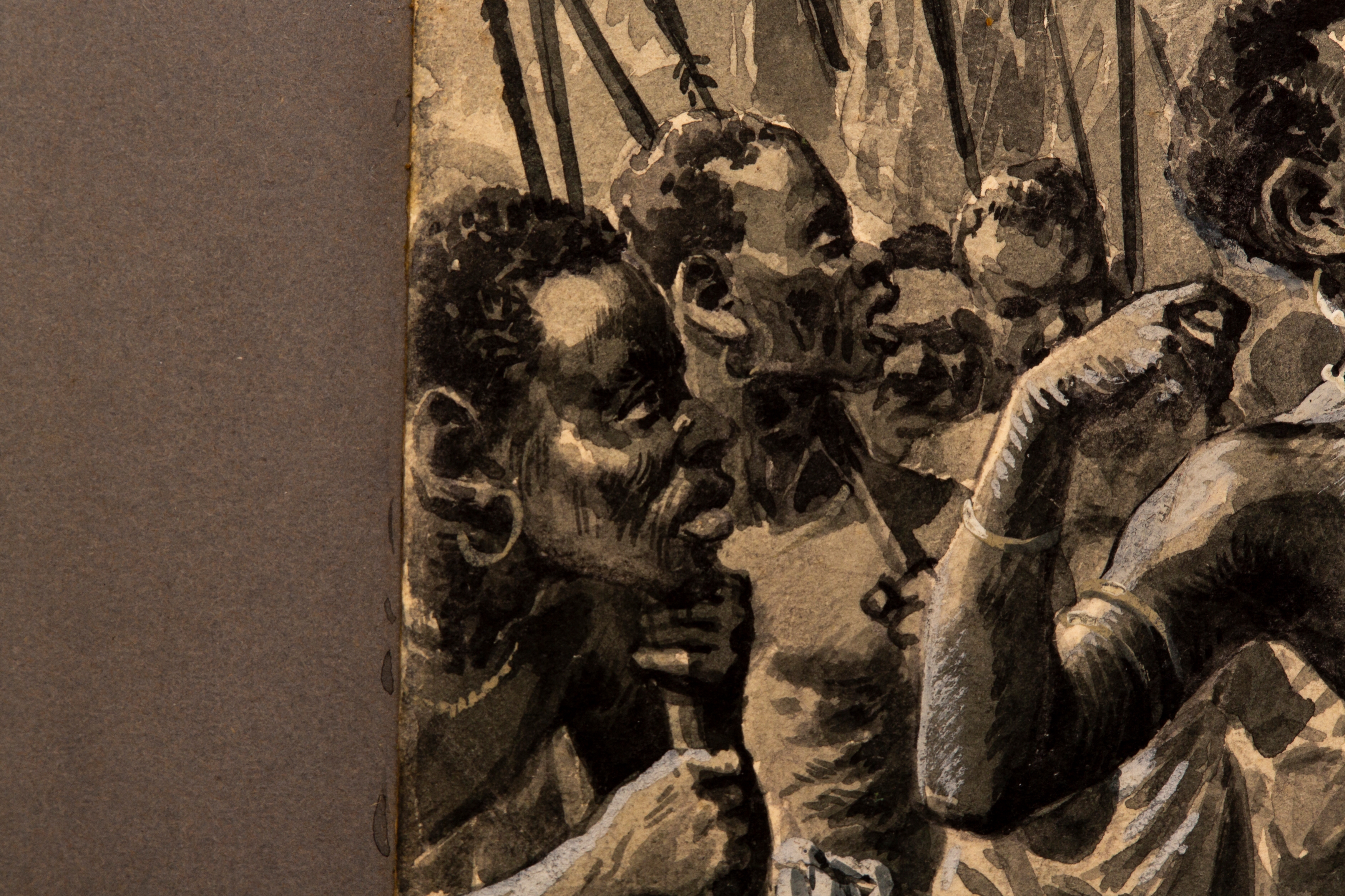 A dramatic ink illustration of a muscular figure drawing a bow in a dense jungle setting.