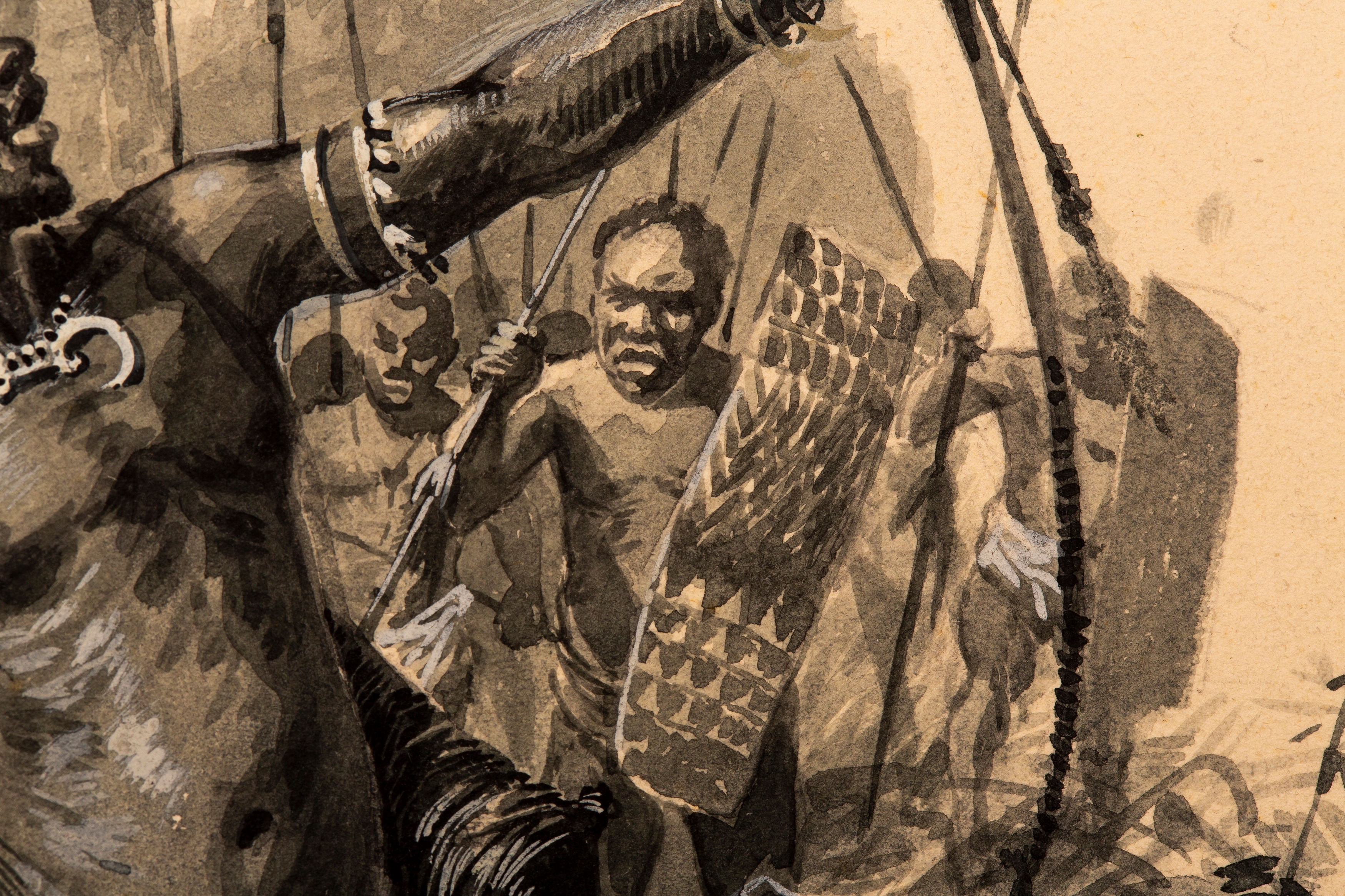 A dramatic ink illustration of a muscular figure drawing a bow in a dense jungle setting.