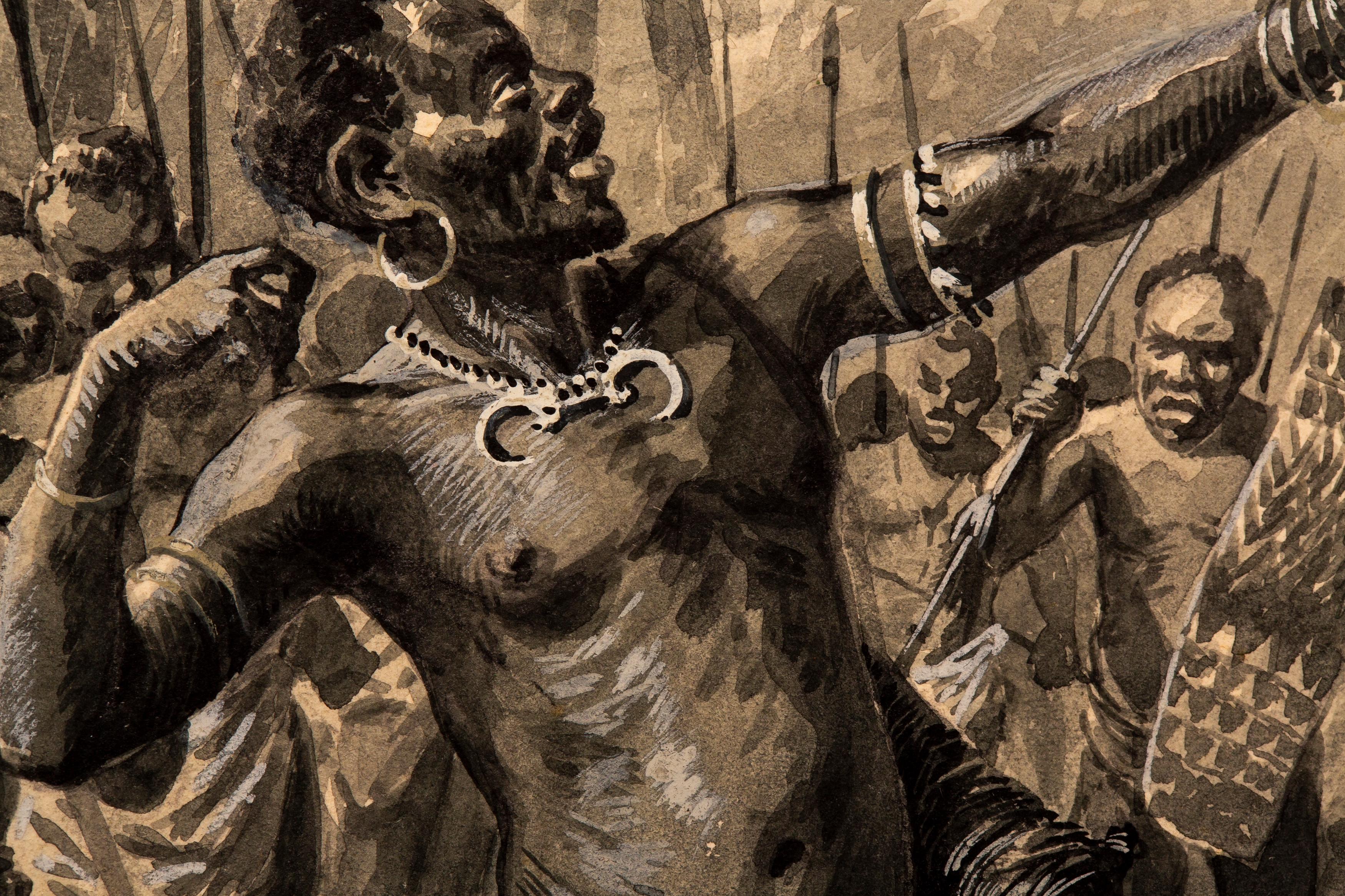 A dramatic ink illustration of a muscular figure drawing a bow in a dense jungle setting.
