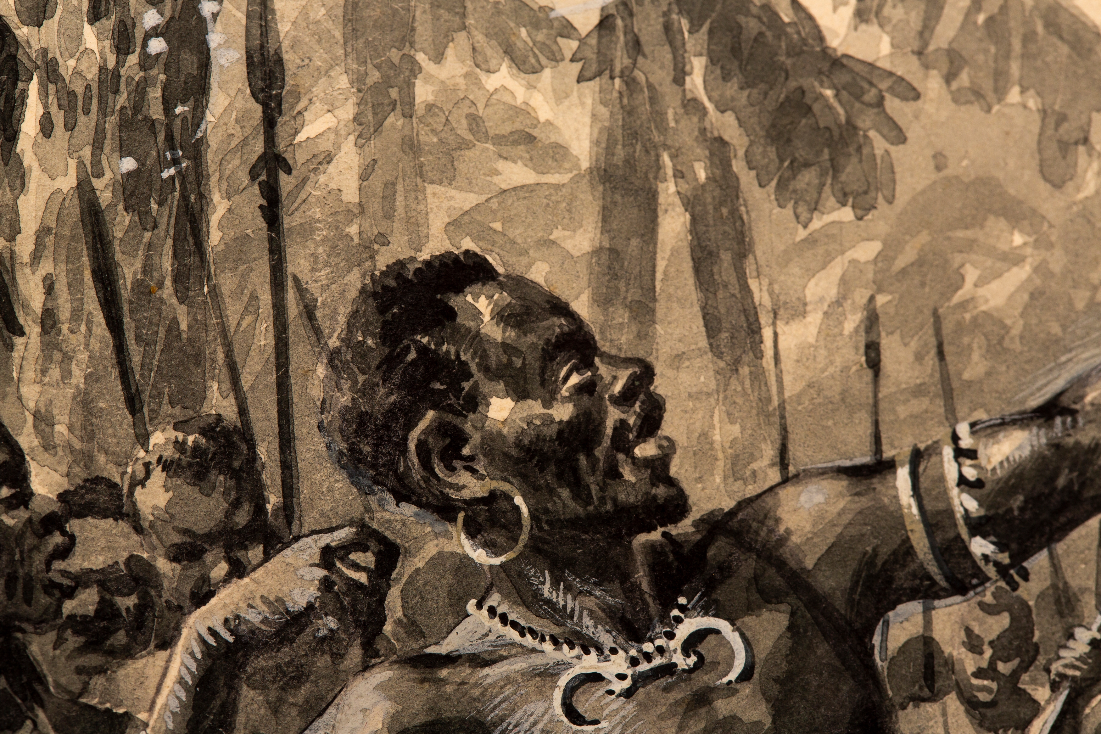 A dramatic ink illustration of a muscular figure drawing a bow in a dense jungle setting.
