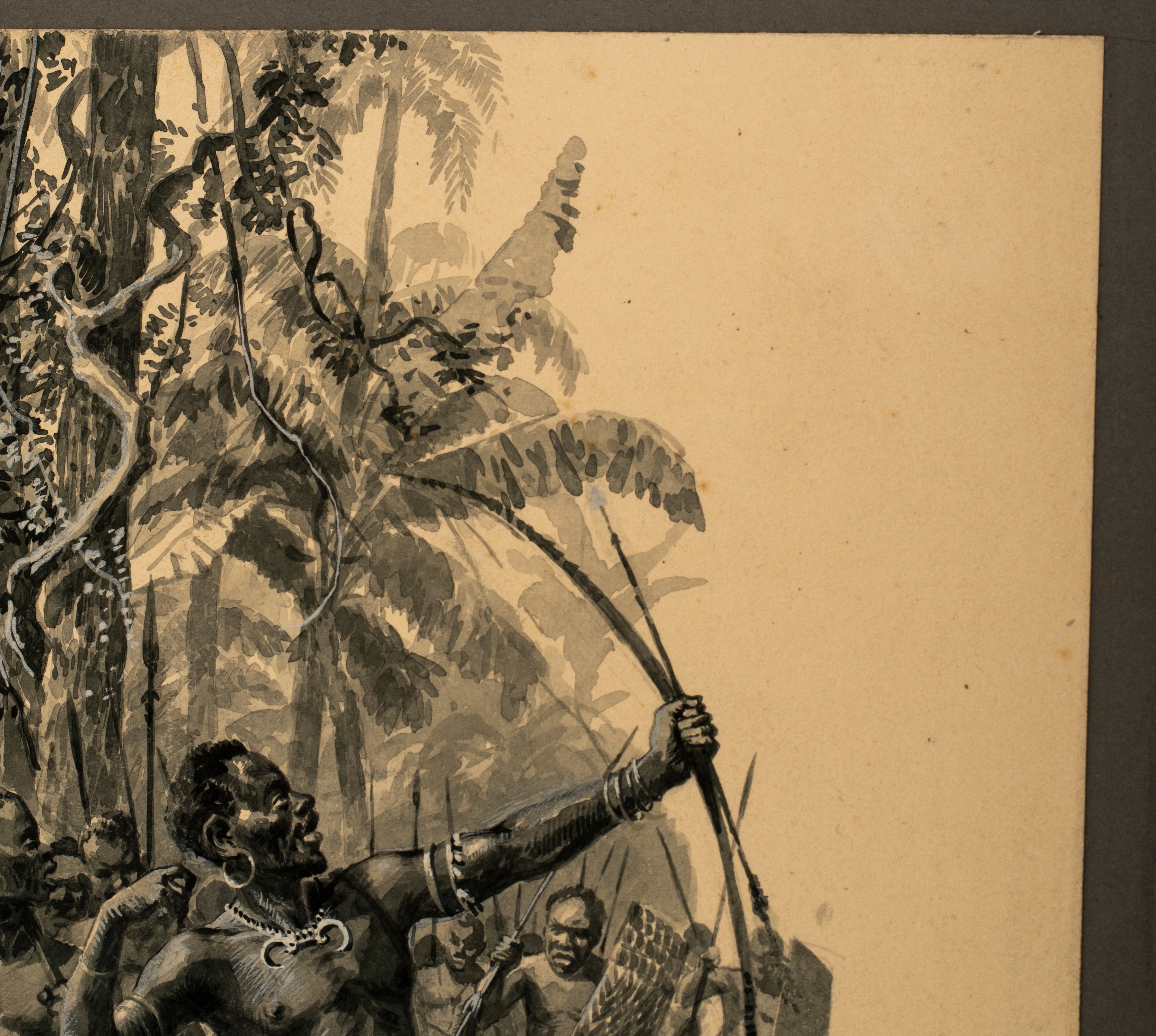 A dramatic ink illustration of a muscular figure drawing a bow in a dense jungle setting.