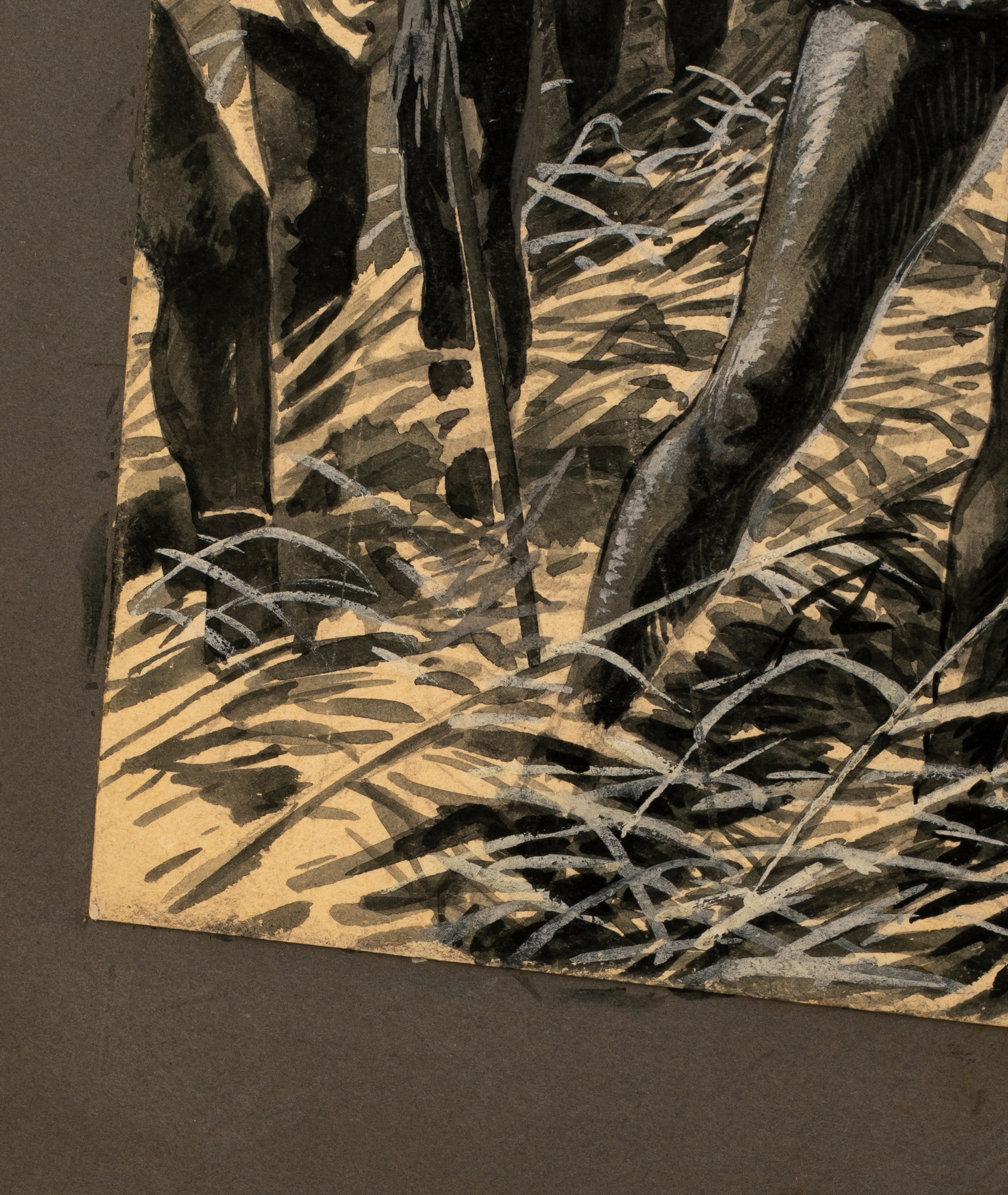 A dramatic ink illustration of a muscular figure drawing a bow in a dense jungle setting.