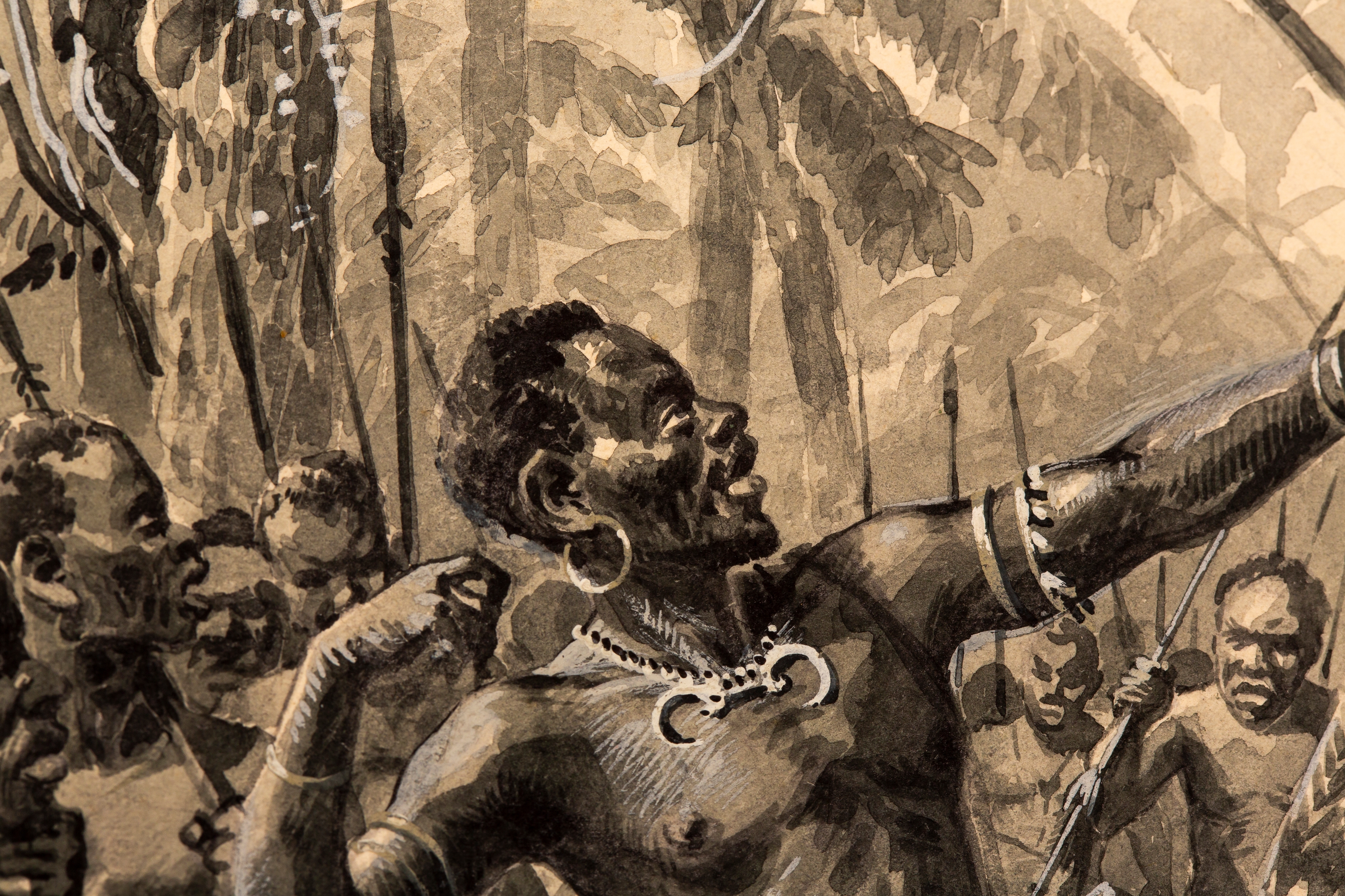 A dramatic ink illustration of a muscular figure drawing a bow in a dense jungle setting.
