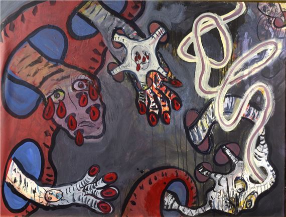 A chaotic, surrealist painting featuring a screaming face and floating skeletal hands against a dark background.