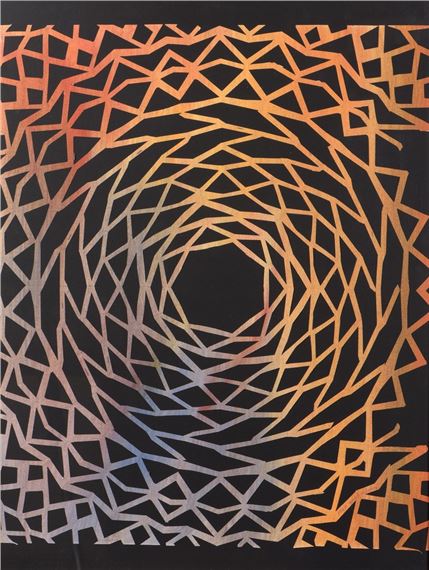 A mesmerizing geometric spiral composed of interlocking lines that shift from warm orange to cool blue.