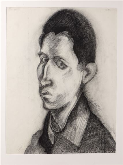 A charcoal portrait of a figure with an intense gaze and dark hair.