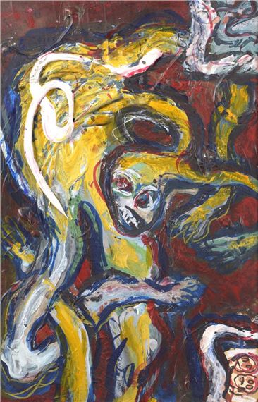 A chaotic expressionist painting of a skeletal figure amidst swirling abstract forms.