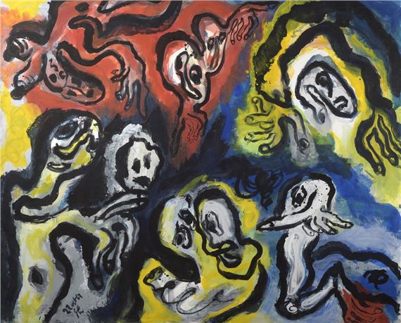 A chaotic expressionist painting featuring a swarm of ghostly figures in a vibrant, swirling color field.