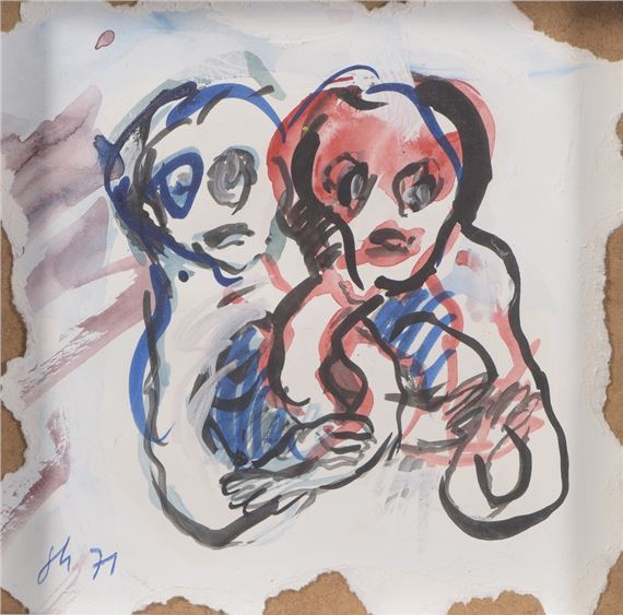 A loose, expressive drawing of two figures in a dynamic embrace.