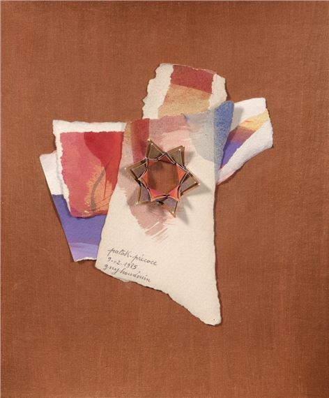 A mixed-media collage featuring a metallic star on layered paper fragments against a textured brown background.