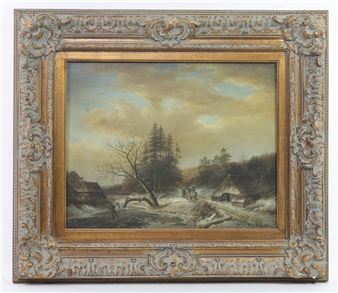 A winter landscape painting in an ornate frame depicting a frozen river and rustic buildings.