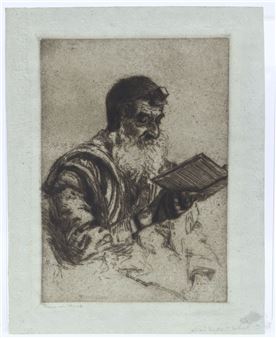A monochromatic etching of an elderly figure with a long beard reading a book.