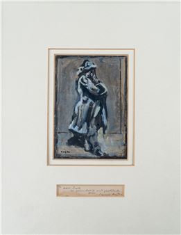 A somber, muted-toned painting of a solitary figure in a coat against a dark background.