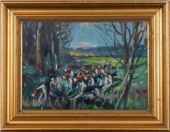 A dynamic oil painting of a fox hunt scene with hounds and riders in a wooded landscape.