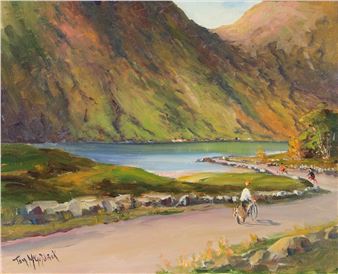 A painterly landscape of a winding road beside a lake, with figures cycling and towering mountains in the background.