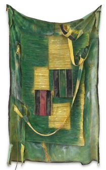 "A mixed-media textile artwork featuring a green background with yellow ribbons and textured panels."