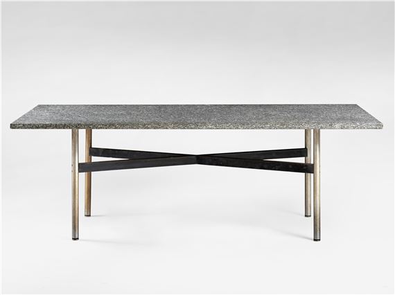 Table with a black and white granite top, a satin-finished steel frame and burnished metal ‘X’-shaped struts - William Katavolos