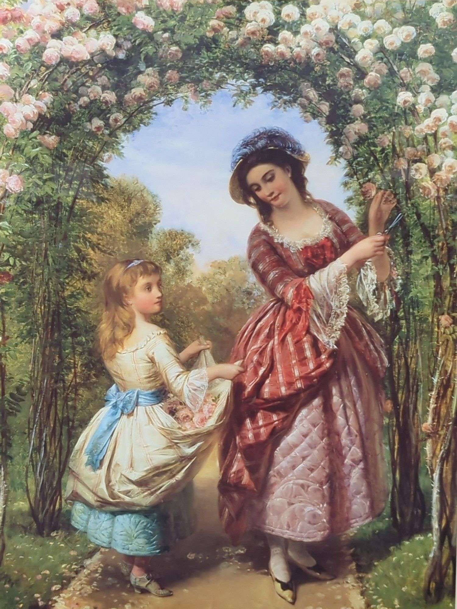 Two framed paintings depicting women in historical dress, one with three figures and another with two figures under a floral arch.