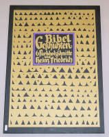 A framed geometric pattern with a central purple text block on a yellow background.