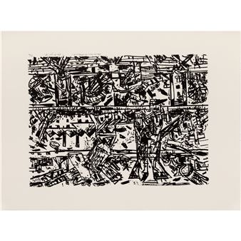 A dense black-and-white woodcut print depicting a chaotic urban scene with buildings and trees.